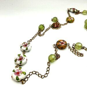 Vintage Hand-Painted Floral Ceramic and Green Bead Long Chain Necklace With Bron